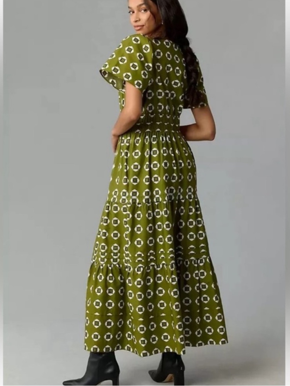 Anthropologie Somerset Olive Green Geometric Tiered Maxi Dress Sz L Cotton - Picture 2 of 15